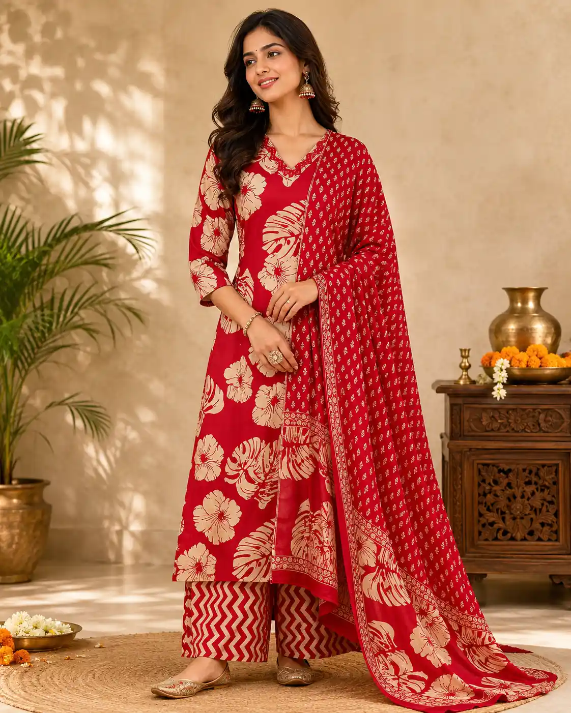 Red Floral Printed Cotton Salwar Suit with Dupatta